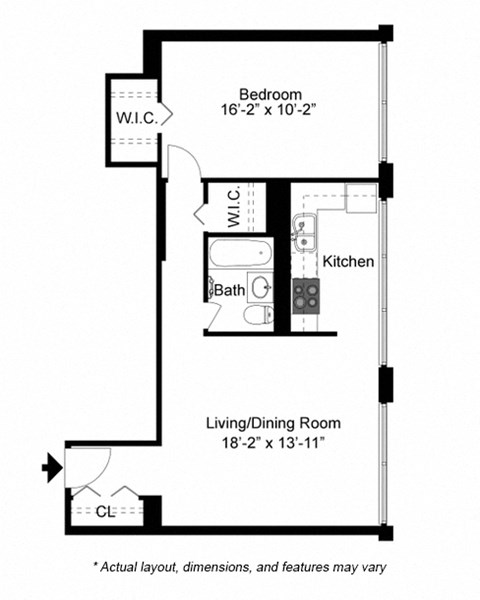 Floor plan for 1 bed, 1 bath, 608 sqft